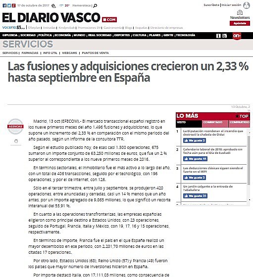 Las fusiones y adquisiciones crecieron un 2,33 % hasta septiembre en Espaa